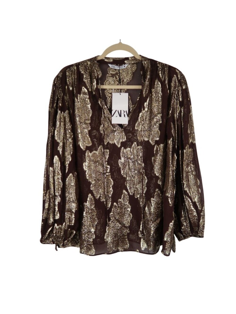 NWT Zara XS Oversized Brown Gold Leaf Print Sheer Blouse With Balloon Sleeves